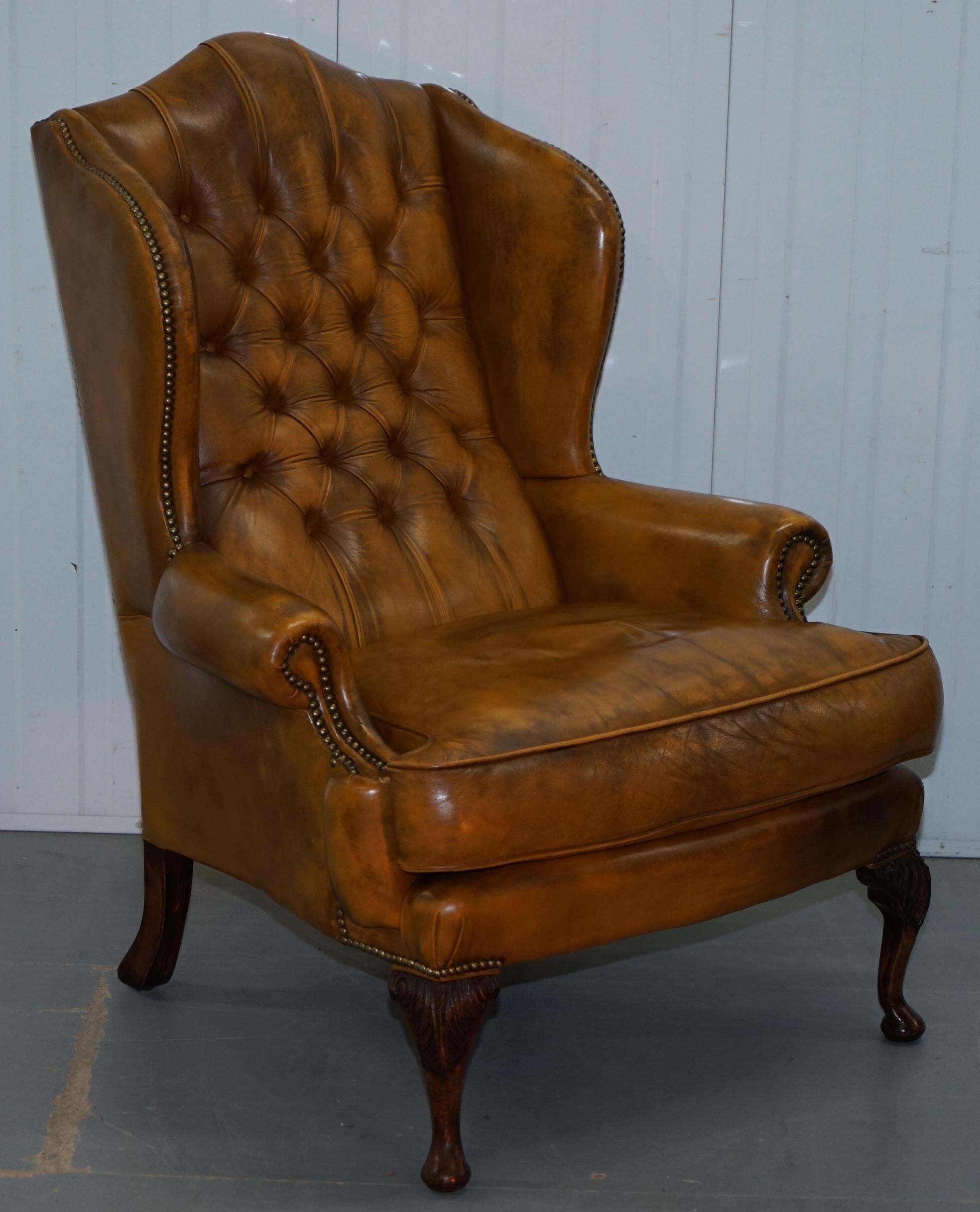 We are delighted to offer for sale this stunning pair of William Morris style Victorian wingback armchairs in hand dyed brown leather with matching footstool.

If you’re looking for a very rare model pair of wingback armchairs that scream English