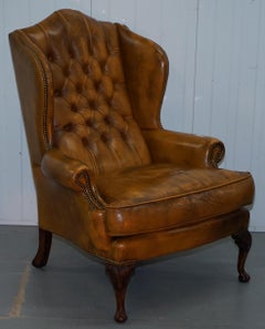 Pair of William Morris Chesterfield Wingback Armchairs & Footstool Brown Leather