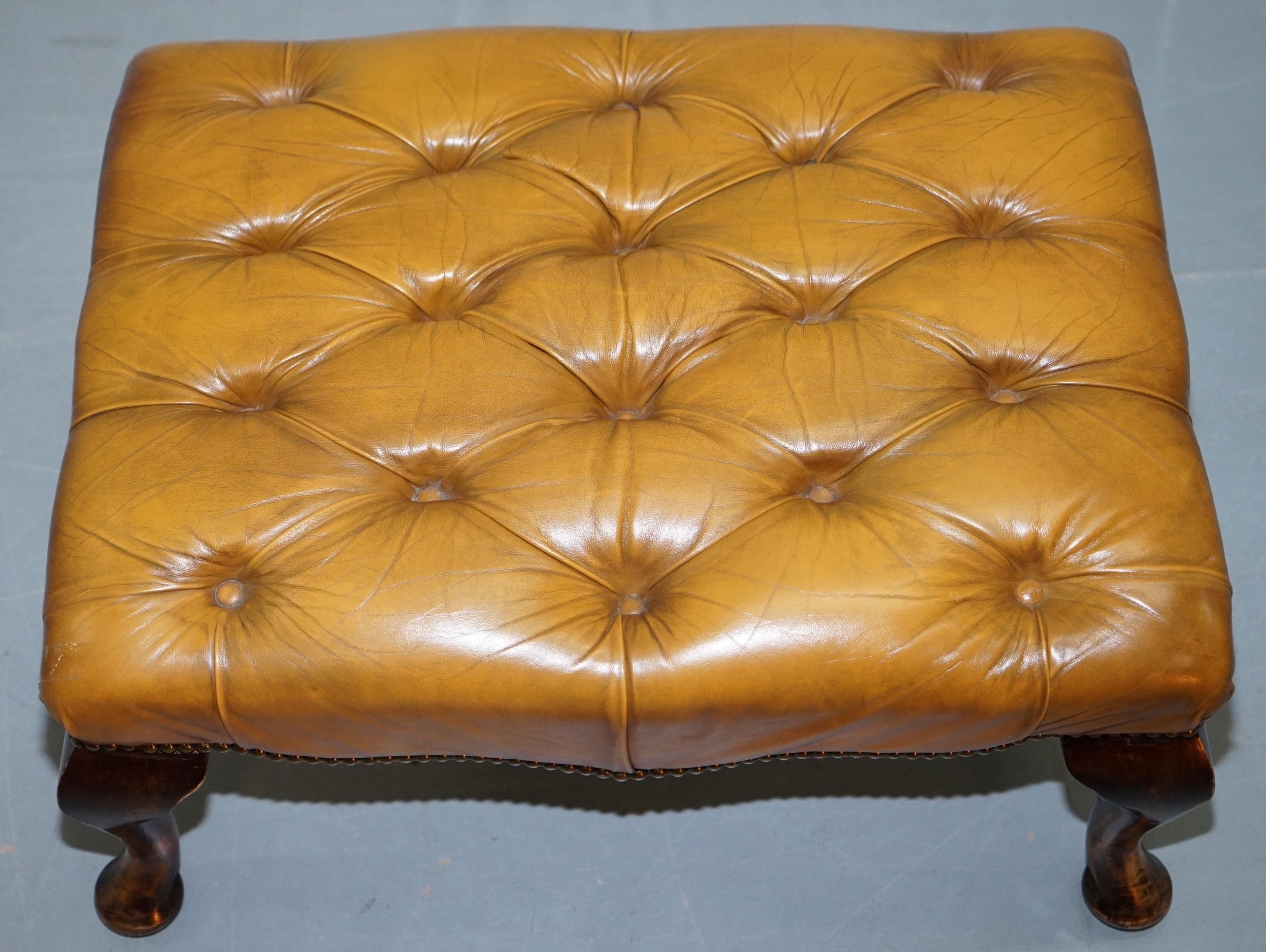 Pair of William Morris Chesterfield Wingback Armchairs & Footstool Brown Leather 13