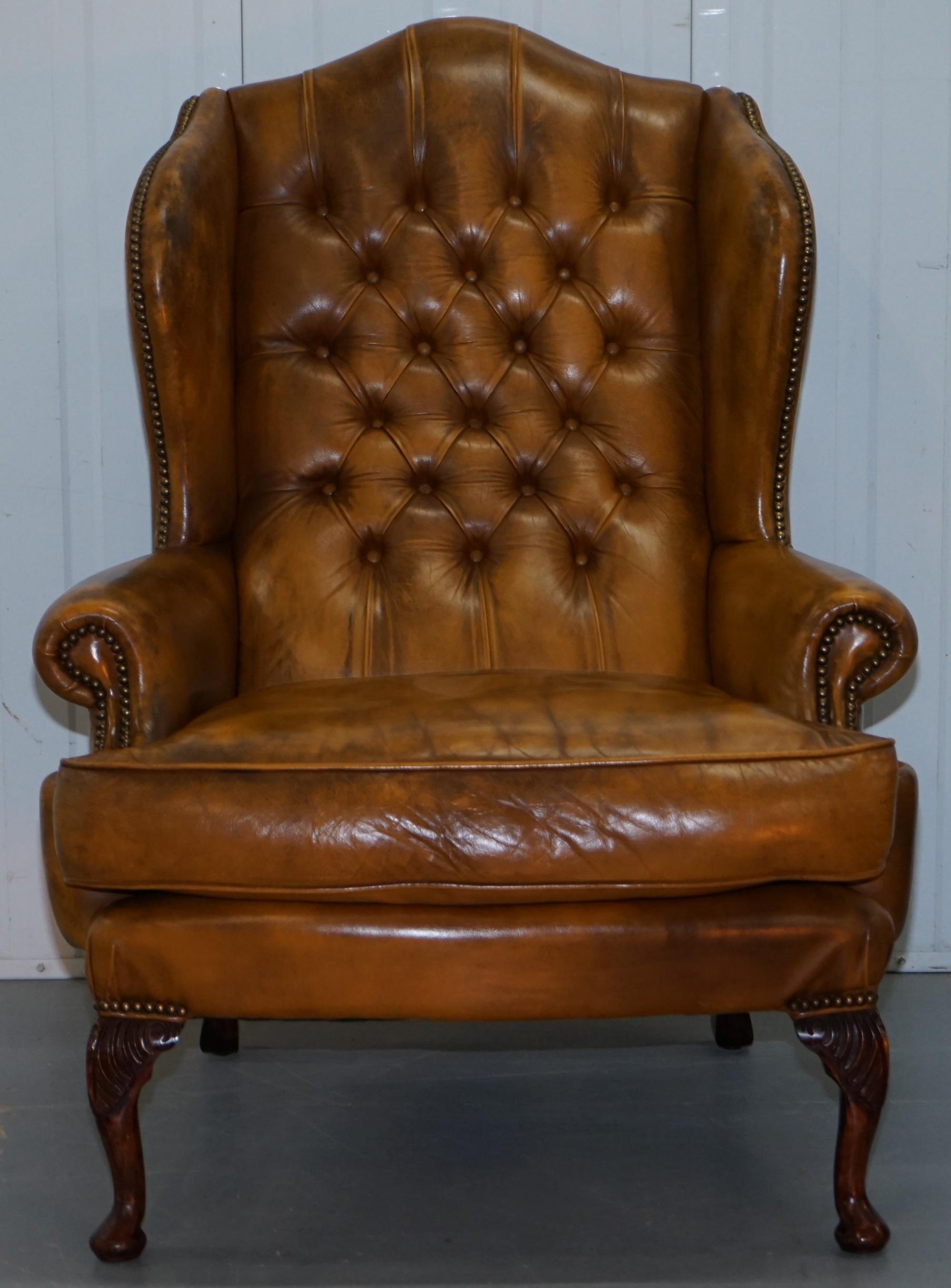 Modern Pair of William Morris Chesterfield Wingback Armchairs & Footstool Brown Leather