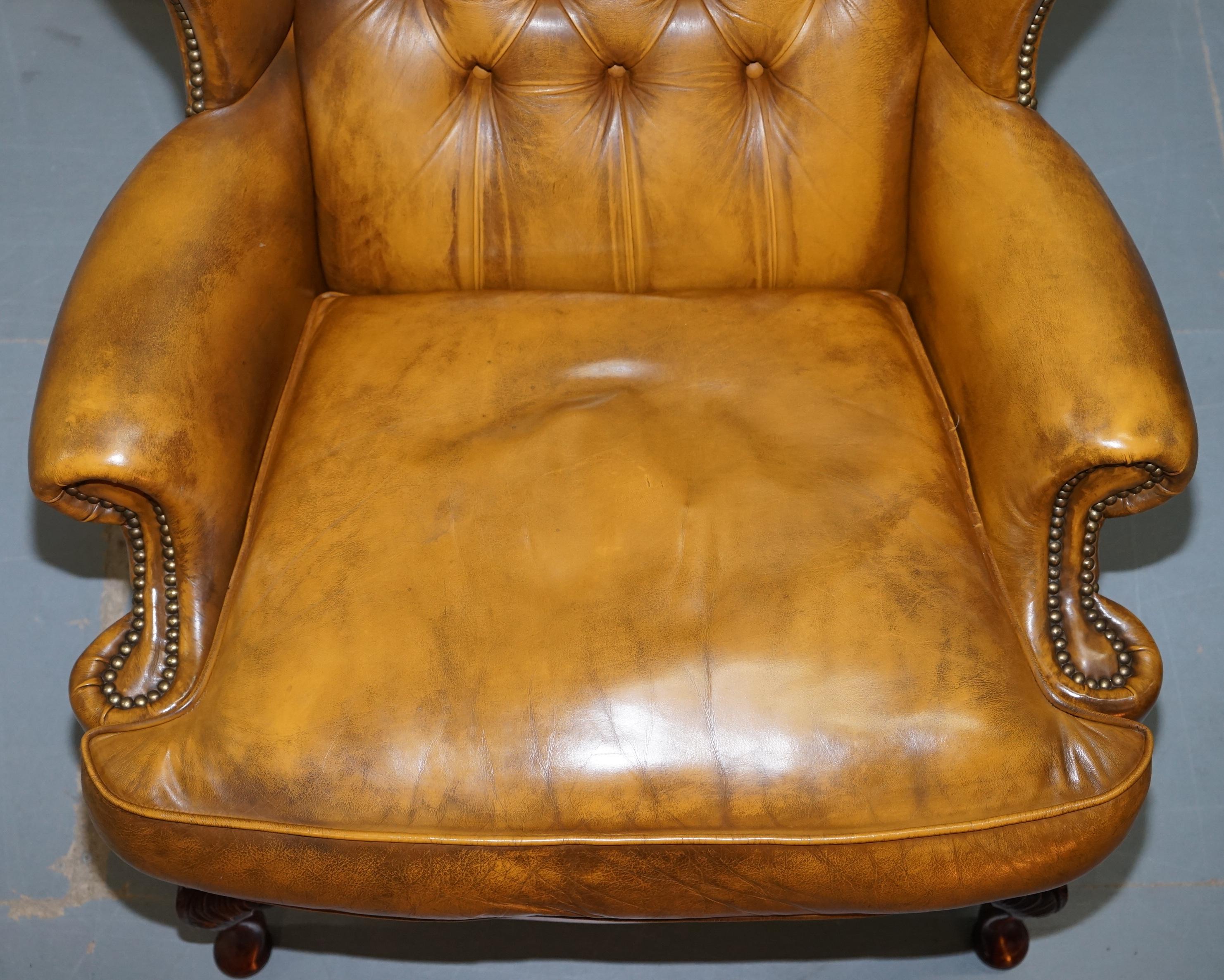 Hand-Crafted Pair of William Morris Chesterfield Wingback Armchairs & Footstool Brown Leather