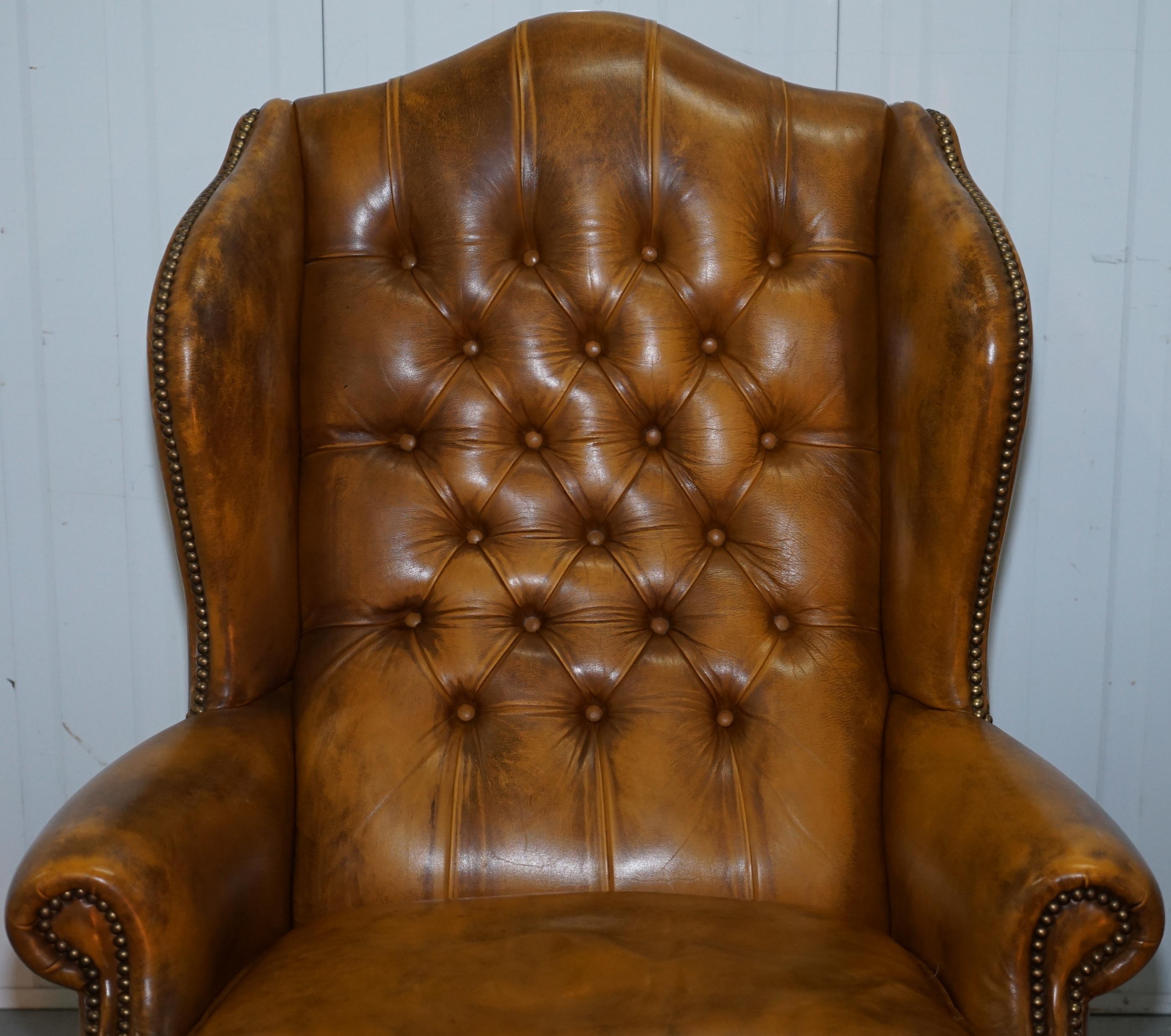 20th Century Pair of William Morris Chesterfield Wingback Armchairs & Footstool Brown Leather