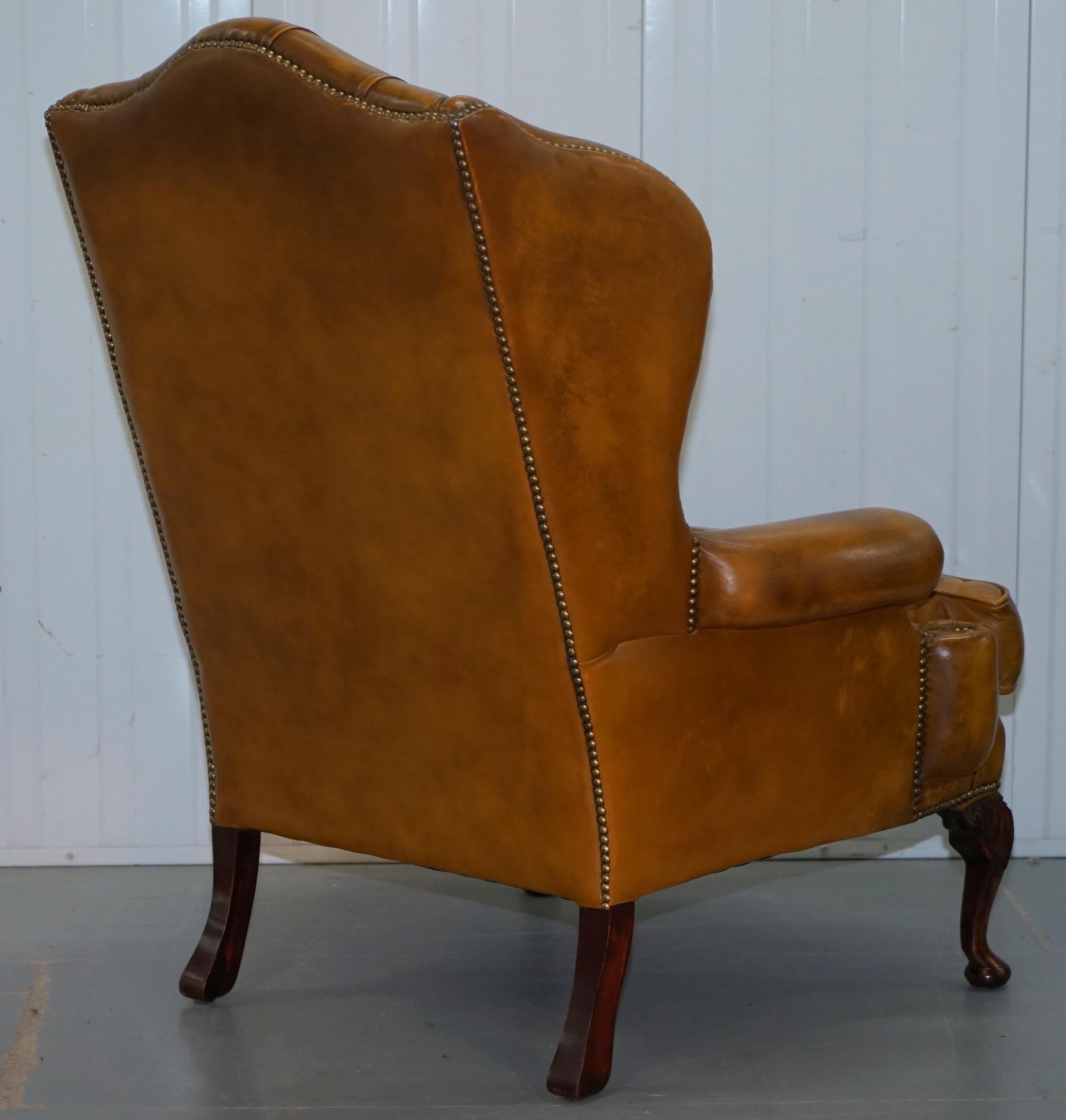 Pair of William Morris Chesterfield Wingback Armchairs & Footstool Brown Leather 2