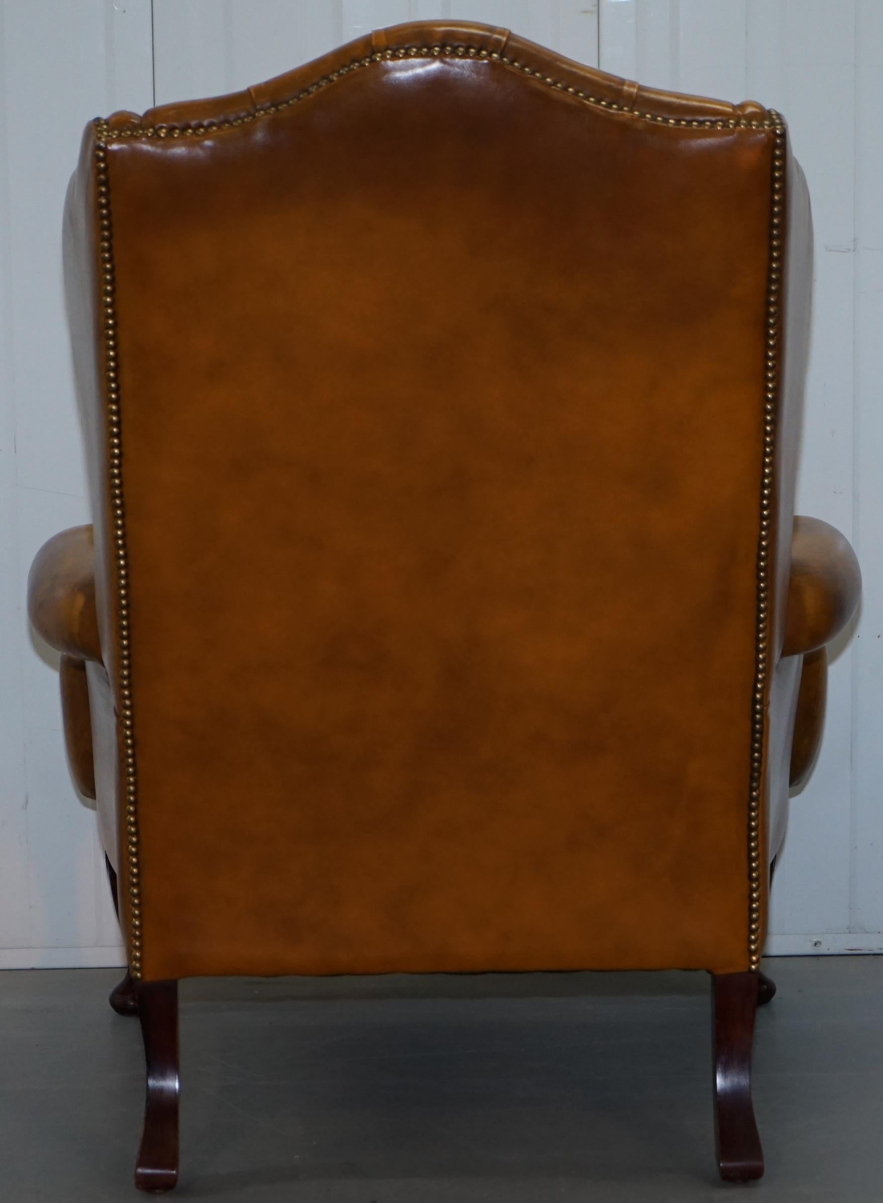 Pair of William Morris Chesterfield Wingback Armchairs & Footstool Brown Leather 2