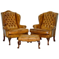 Vintage Pair of William Morris Chesterfield Wingback Armchairs & Footstool Brown Leather