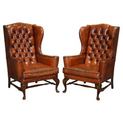 PAIR OF WILLIAM MORRIS FLAT ARM CHESTERFIELD WINGBACK BORDEAUX ARMCHAiRS