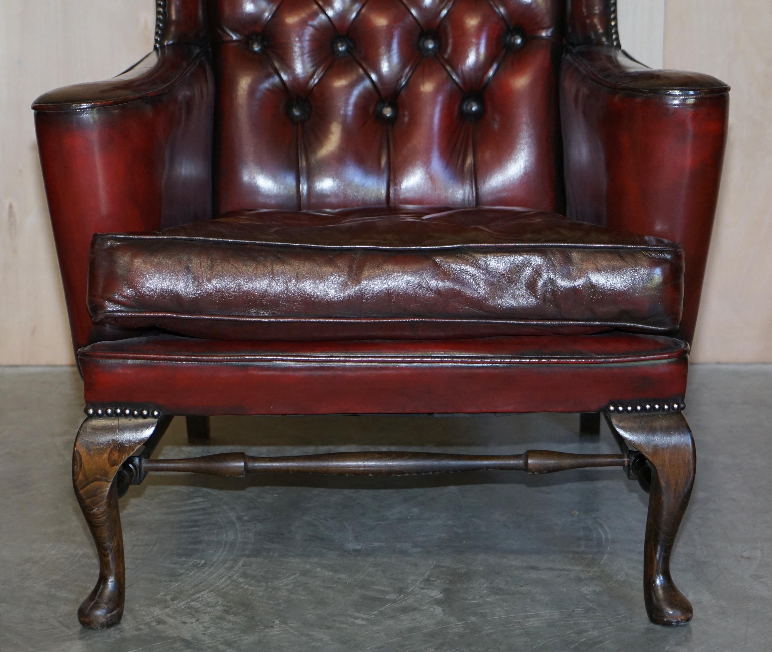 Pair of William Morris Flat Arm Chesterfield Wingback Bordeaux Leather Armchairs For Sale 3