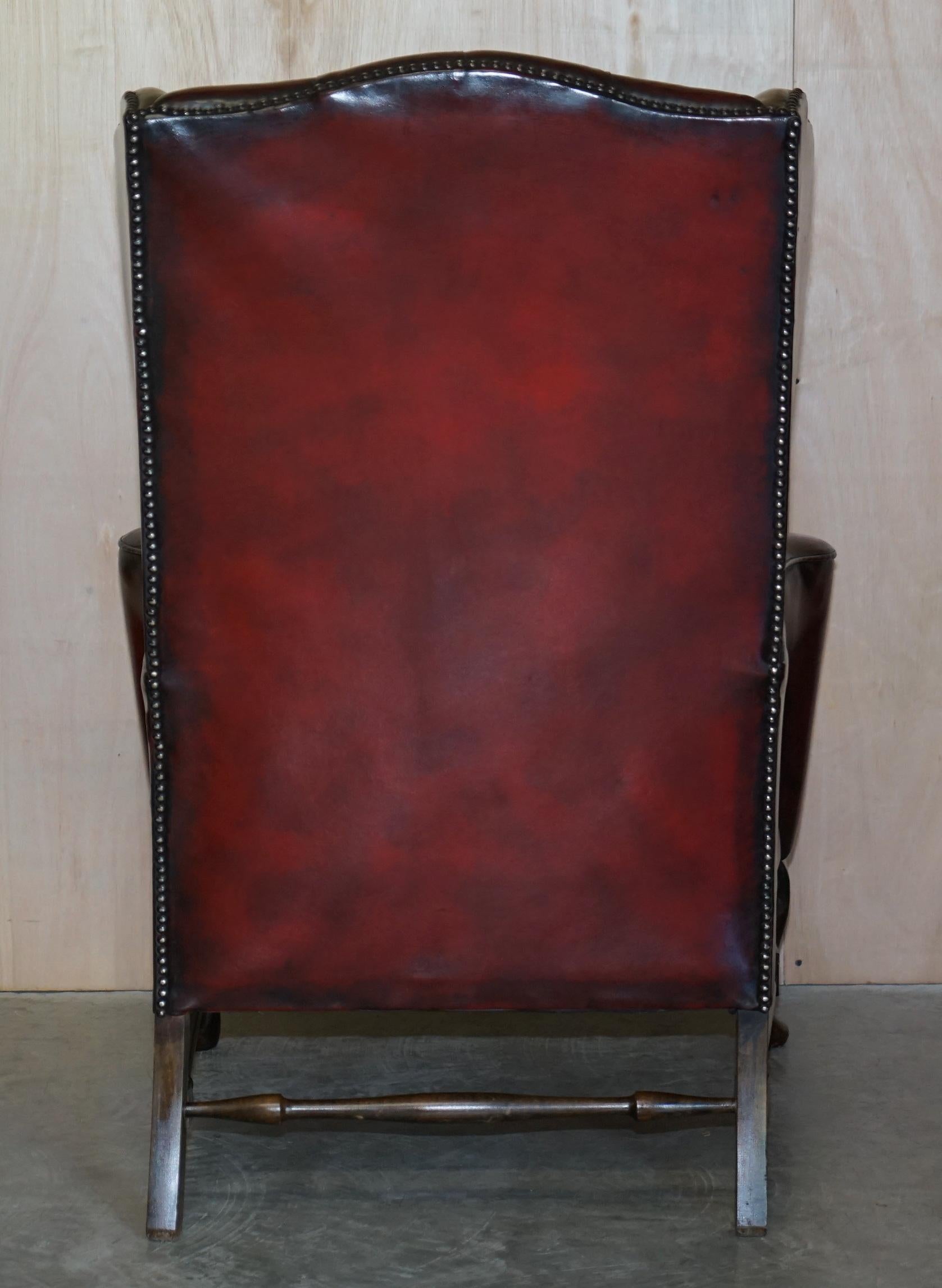 Pair of William Morris Flat Arm Chesterfield Wingback Bordeaux Leather Armchairs For Sale 8