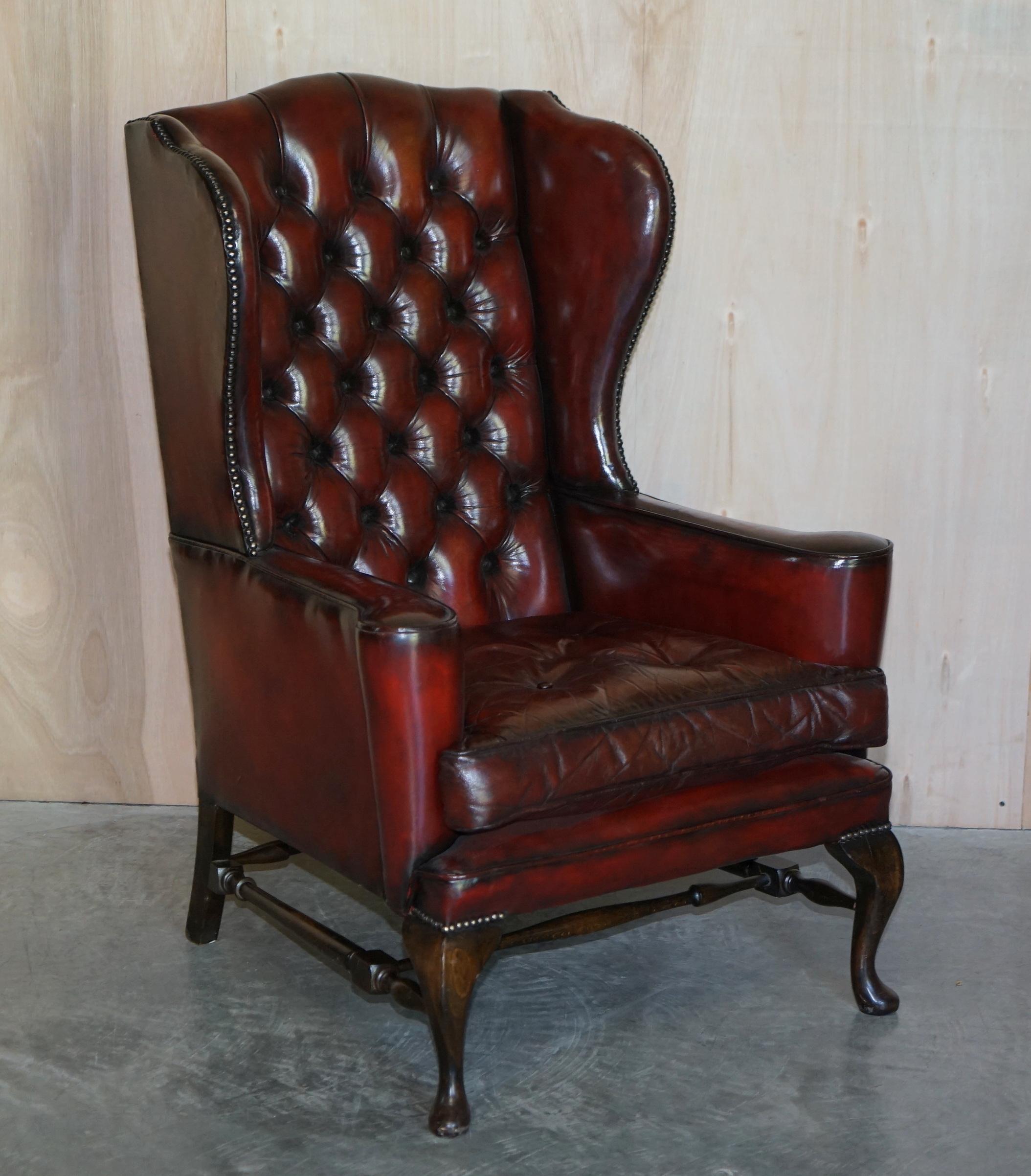 Pair of William Morris Flat Arm Chesterfield Wingback Bordeaux Leather Armchairs For Sale 9