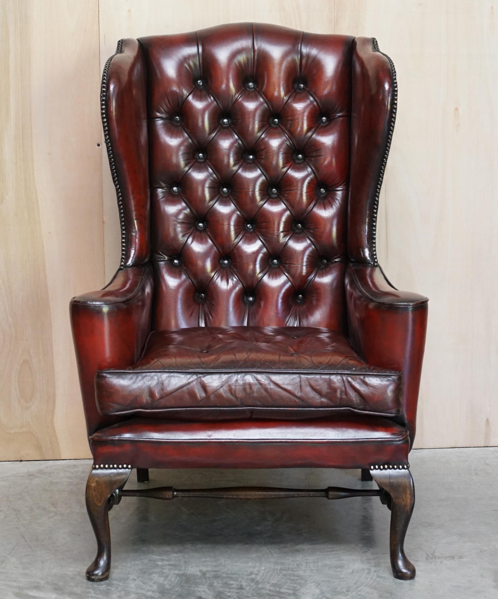 Pair of William Morris Flat Arm Chesterfield Wingback Bordeaux Leather Armchairs For Sale 10