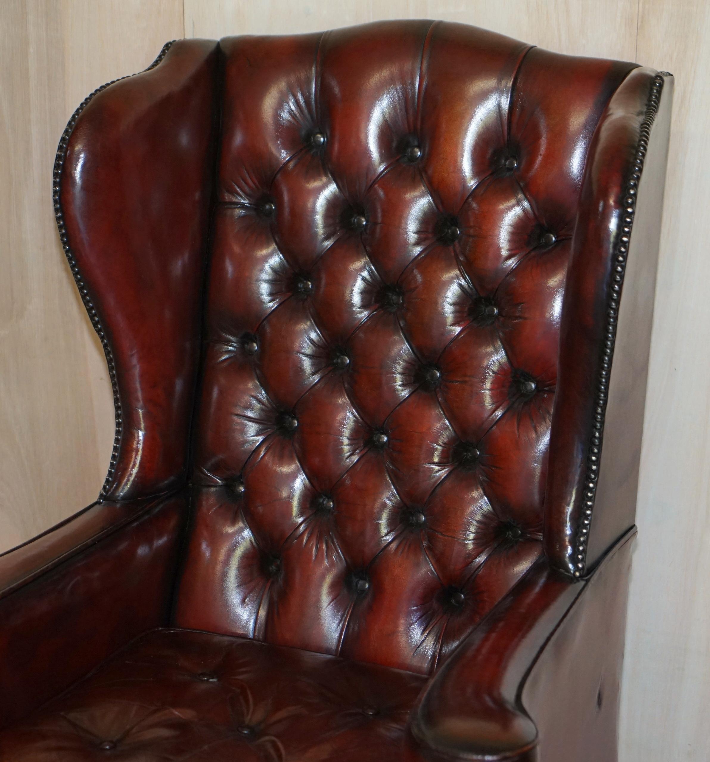 Pair of William Morris Flat Arm Chesterfield Wingback Bordeaux Leather Armchairs For Sale 11