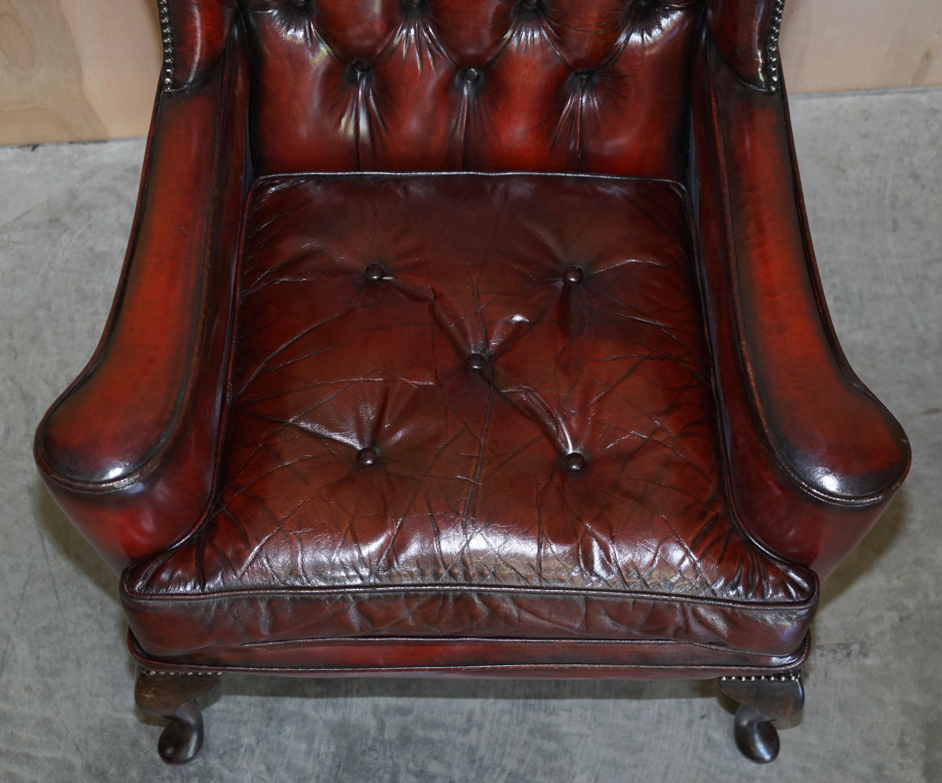 Pair of William Morris Flat Arm Chesterfield Wingback Bordeaux Leather Armchairs For Sale 12