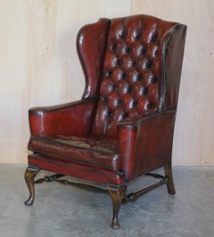 Pair of William Morris Flat Arm Chesterfield Wingback Bordeaux Leather Armchairs