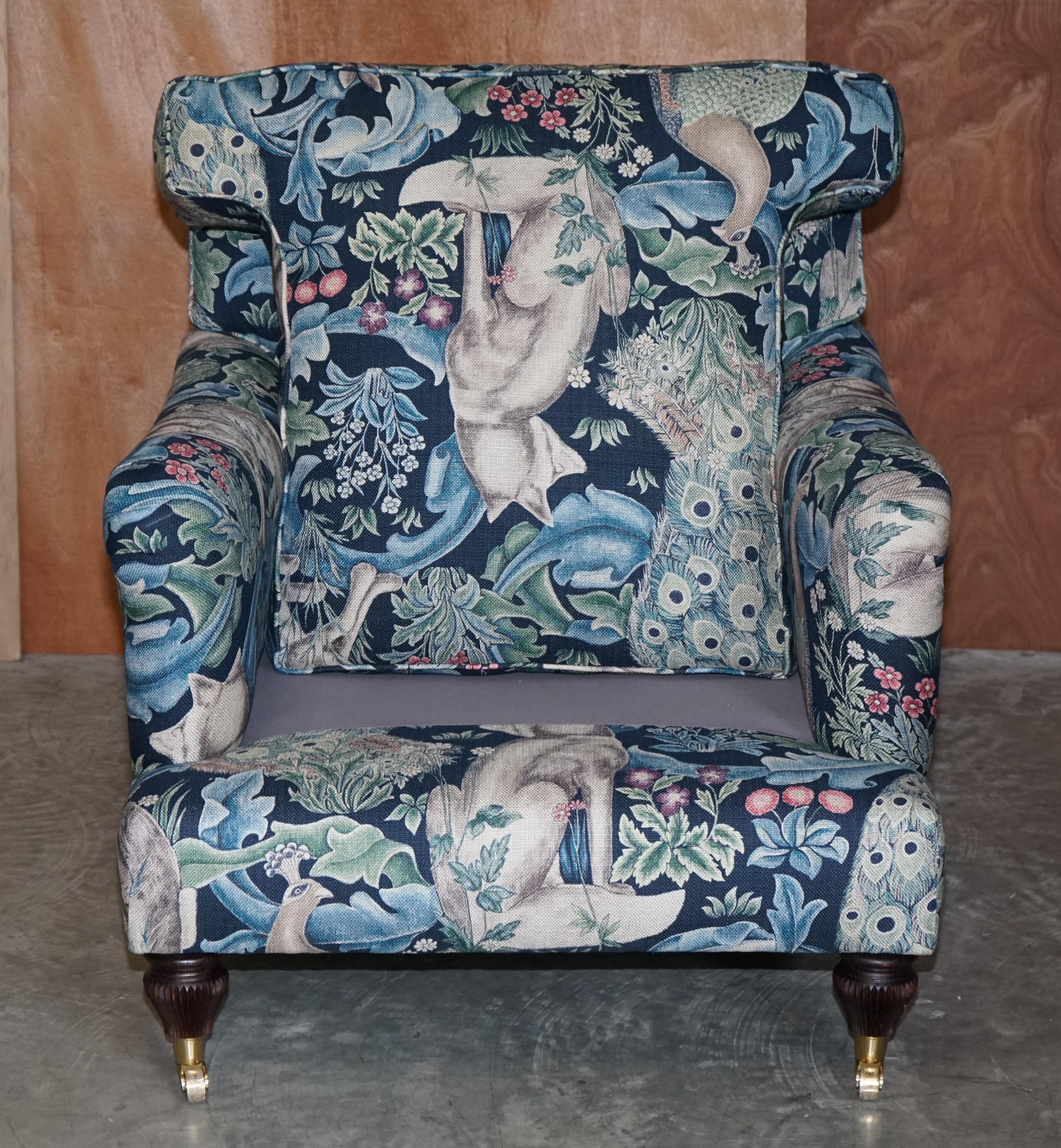 Pair of William Morris Forest Linen Upholstered Howard Style Armchairs 4