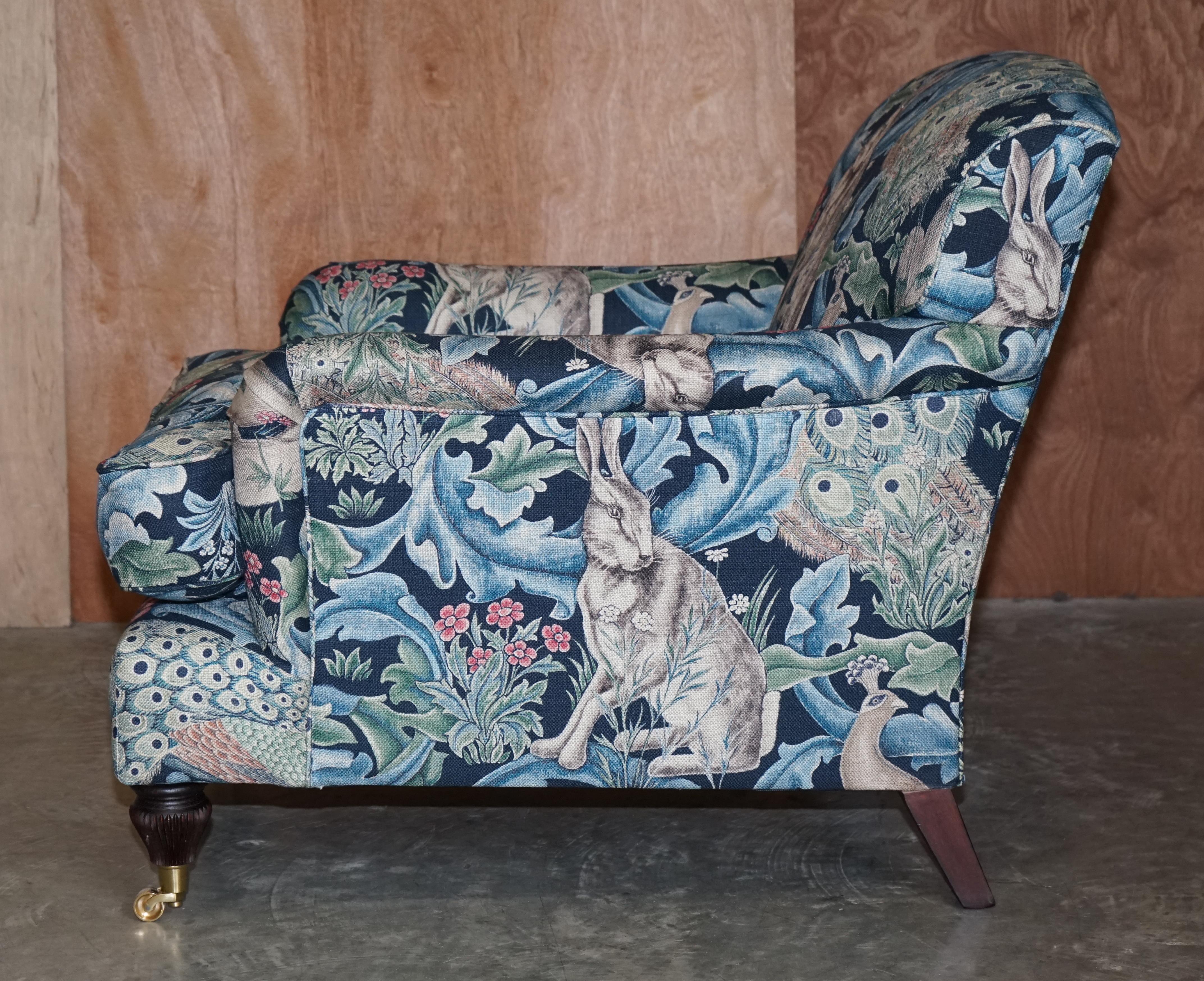 20th Century Pair of William Morris Forest Linen Upholstered Howard Style Armchairs