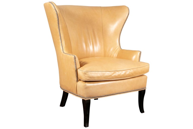 Pair of "William Sonoma Home" Blonde Leather Wing Chairs For Sale at
