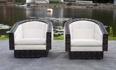 Pair of William Westenhaver Witco Swiveling Lounge Chairs Cedar & White Fabric