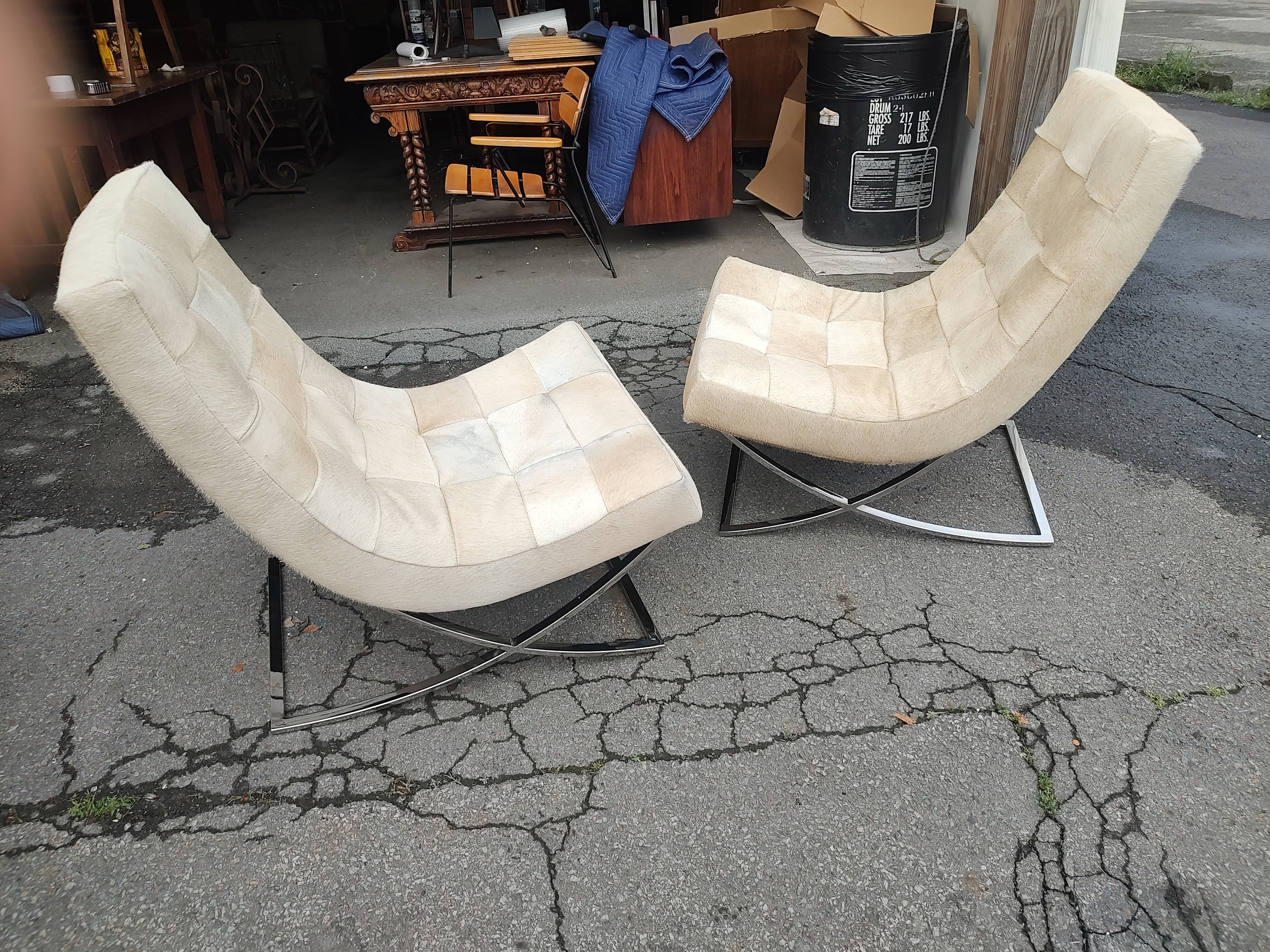 Pair of Williams Sonoma James Lounge Chairs with Hair on Hide & X Chrome Bases For Sale 3