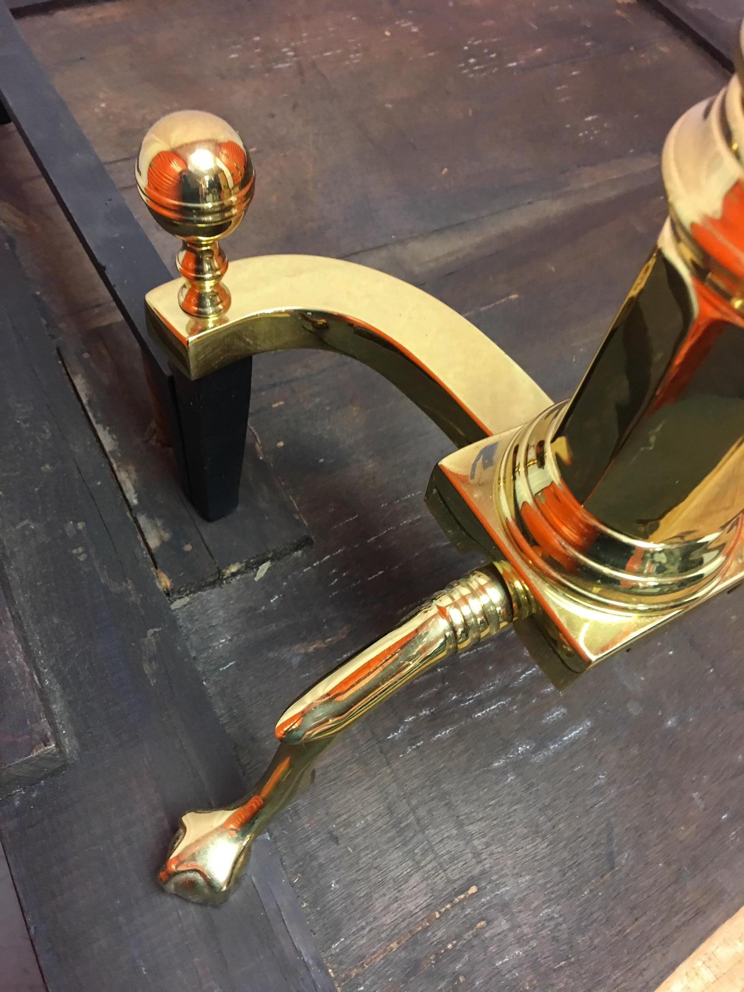 Pair of Williamsburg Style Polished Brass Andirons, 19th Century 1