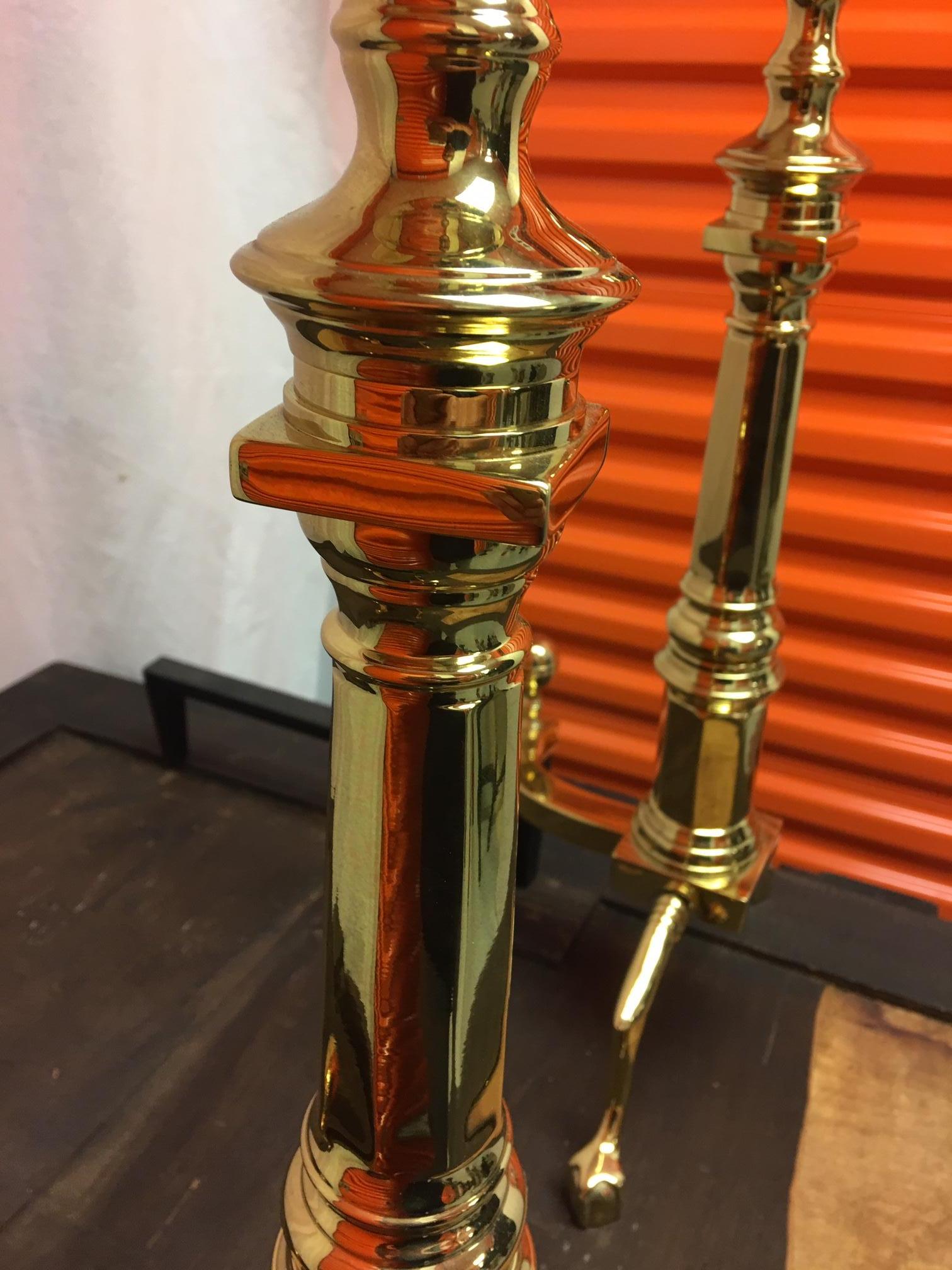 Pair of Williamsburg Style Polished Brass Andirons, 19th Century 3