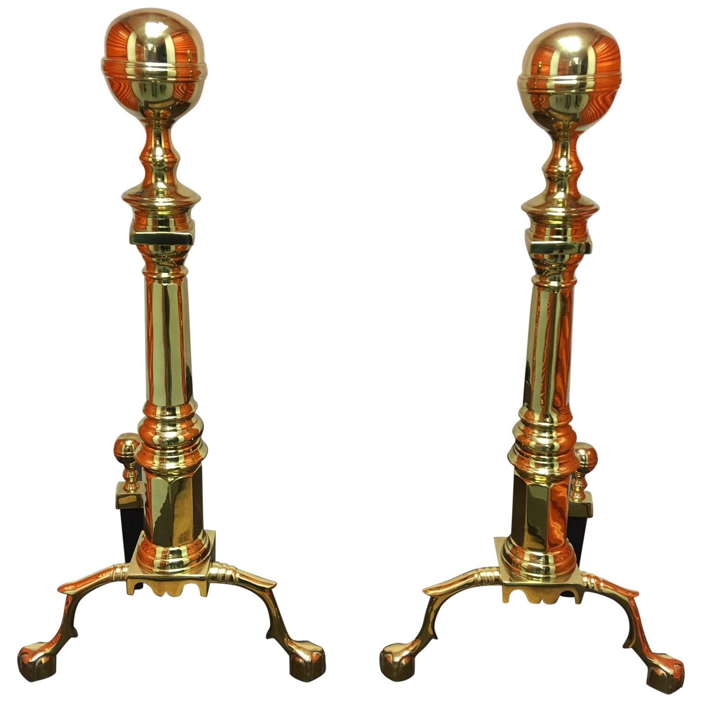 Pair of Williamsburg Style Polished Brass Andirons, 19th Century