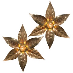 Pair of Willy Daro Style Brass Flowers Wall Lights by Massive Lighting, 1970