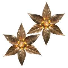 Pair of Willy Daro Style Brass Flowers Wall Lights by Massive Lighting, 1970