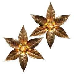 Pair of Willy Daro Style Brass Flowers Wall Lights by Massive Lighting, 1970