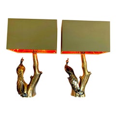 Retro Pair of Willy Daro Style Brass Peacock Lamps by Regina with New Bespoke Shades