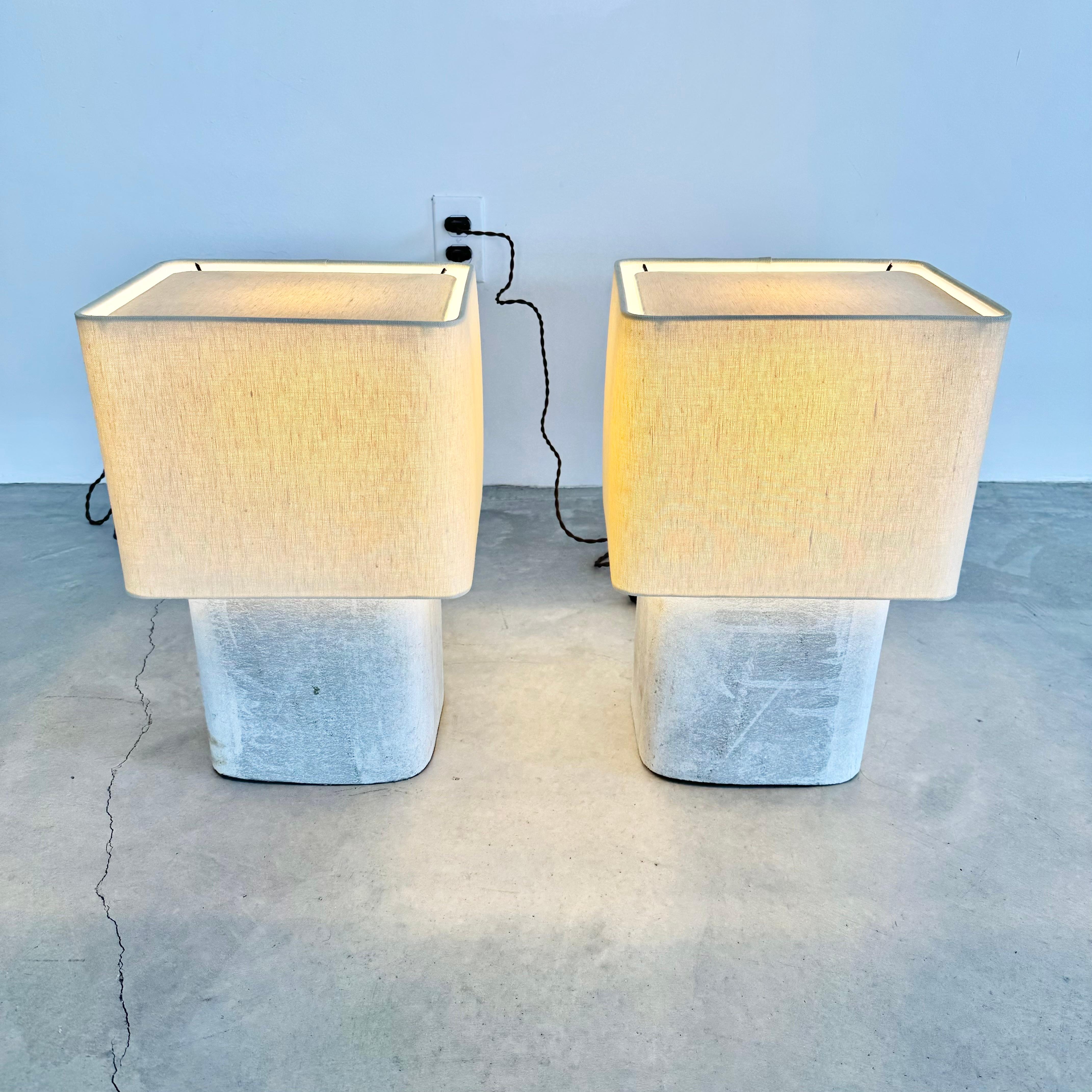 Stunning pair concrete Willy Guhl lamps by Eternit with teak top cover. Concrete made in Swizterland. Newly fitted as a lamp, re-wired with a new custom linen shade with rounded edges and light diffusor on top. Stunning simplicity and beautiful