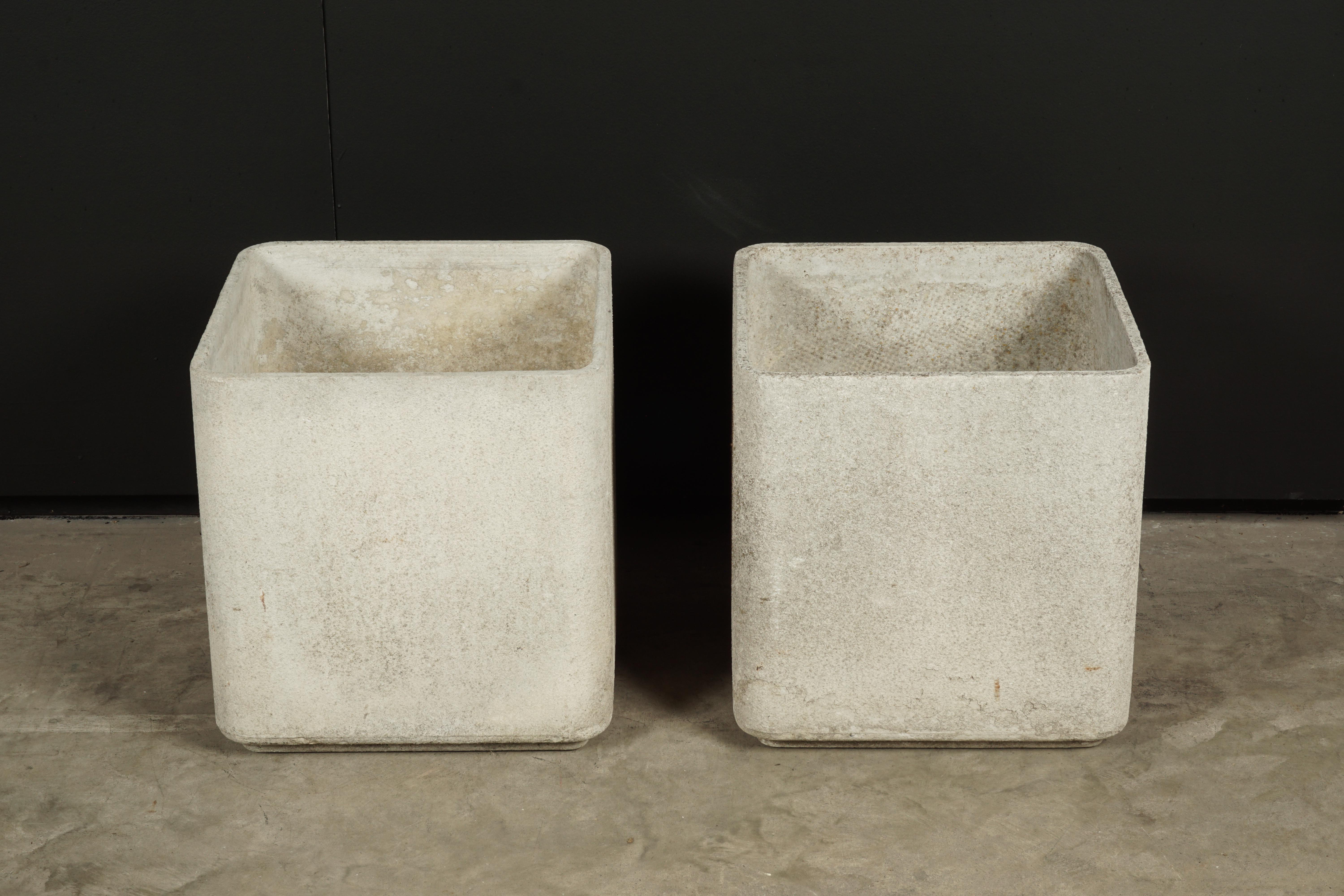 Pair of Willy Guhl cube planters from Switzerland, circa 1960. Nice wear and patina. Stamped inside.