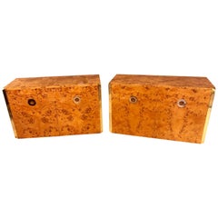 Pair of Willy Rizzo Commodes Nightstands with Brass Accents in a Light Burl Wood