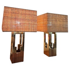 Pair of Willy Rizzo for Lumica Table Lamps, Chrome and Brass, 1970s