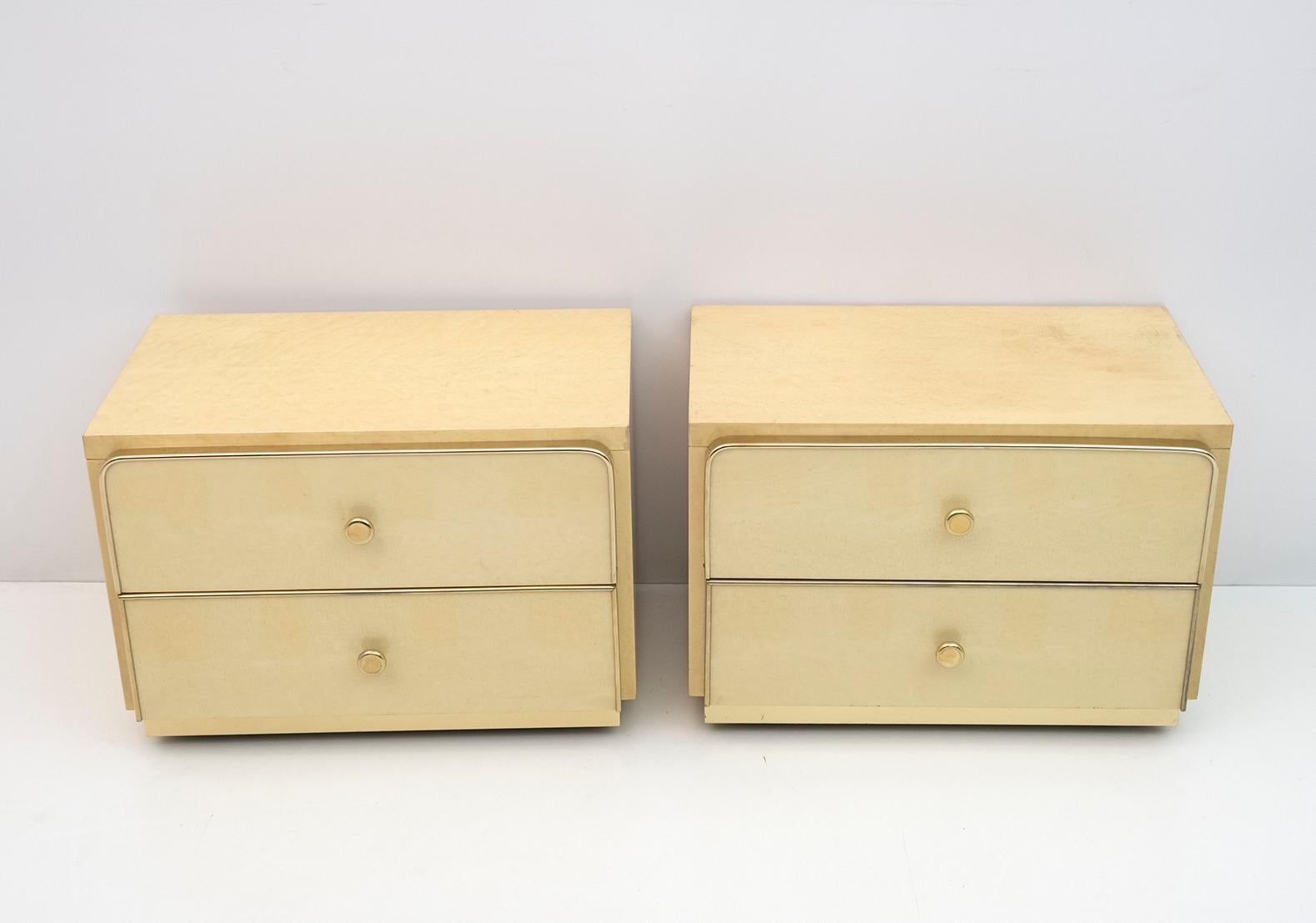 Modern Pair of Willy Rizzo Style Italian Maple Wood and Brass Night Stands, 1980s