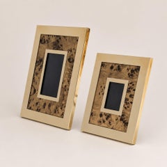 Pair of Willy Rizzo Style Photo Frames Brass and Burl Wood, Italy, 1970
