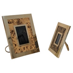 Pair of Willy Rizzo Style Photo Frames Brass and Burl Wood, Italy, 1970
