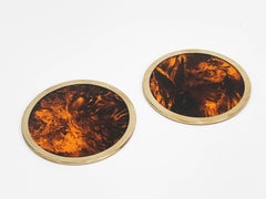 Pair of Willy Rizzo Tortoiseshell Plexiglass and Brass Italian Coasters, 1970s