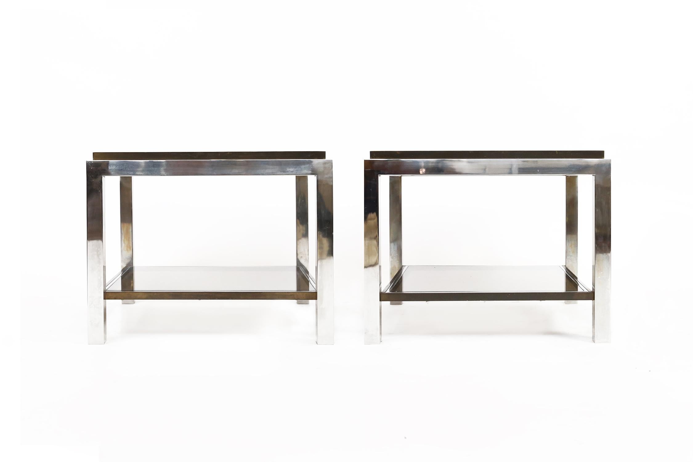 Pair of chrome, brass and smoked glass side tables by Willy Rizzo, Italy, circa 1970.
 