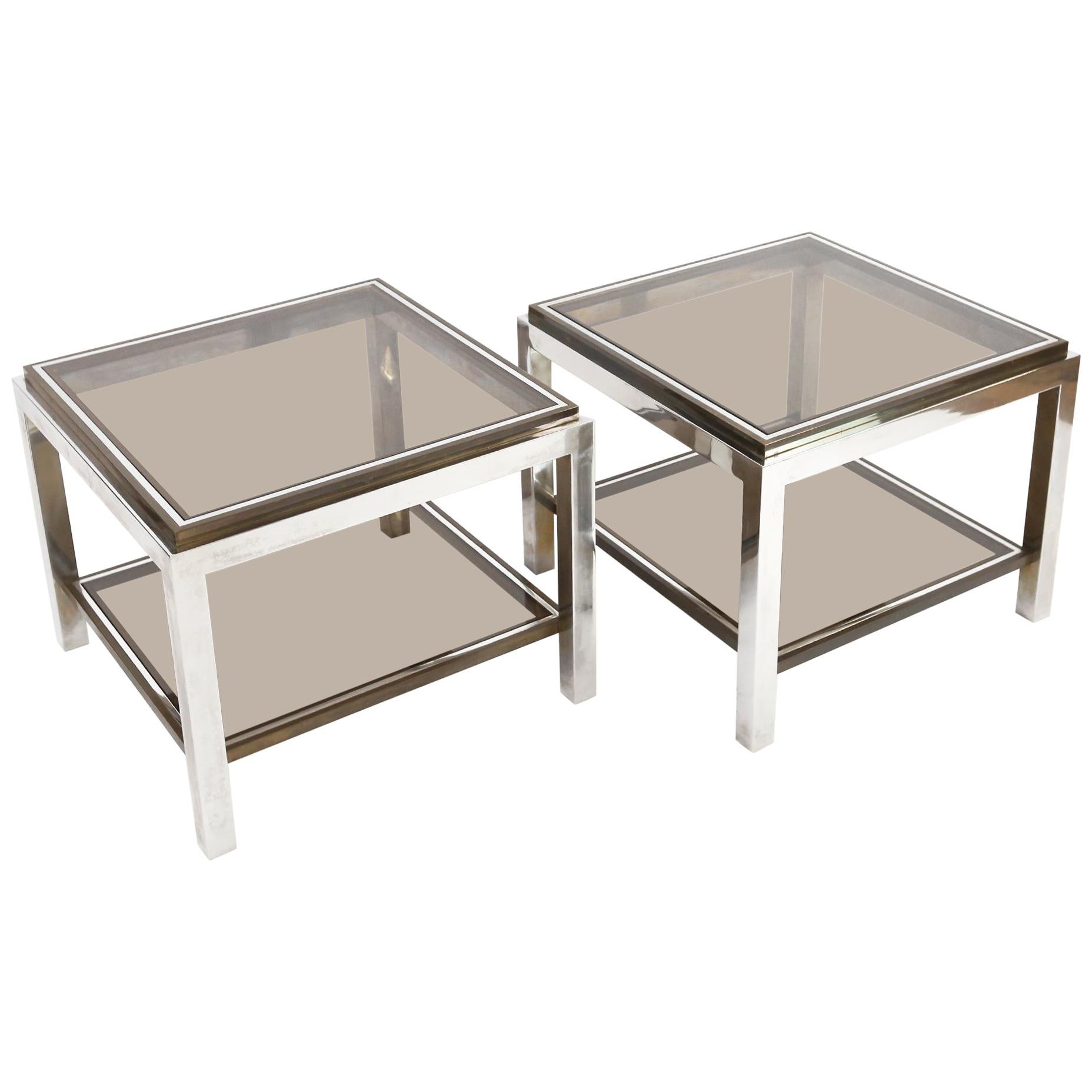 Pair of Willy Rizzo Vintage Side Tables in Brass and Chrome, Italy, 1970s