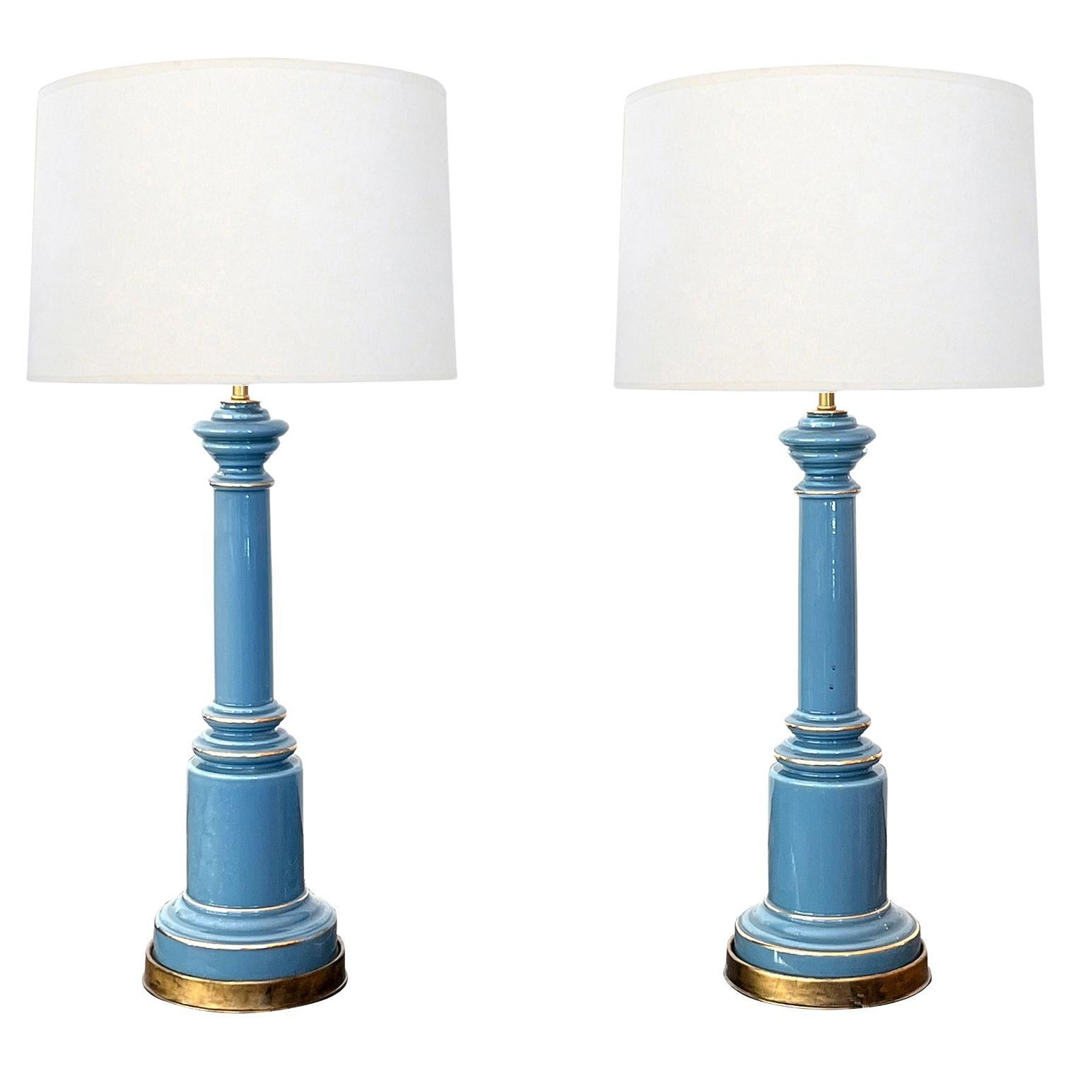 Pair of Wilmar Lamp Co. Steel-Blue Cased-Glass Columnar Lamps