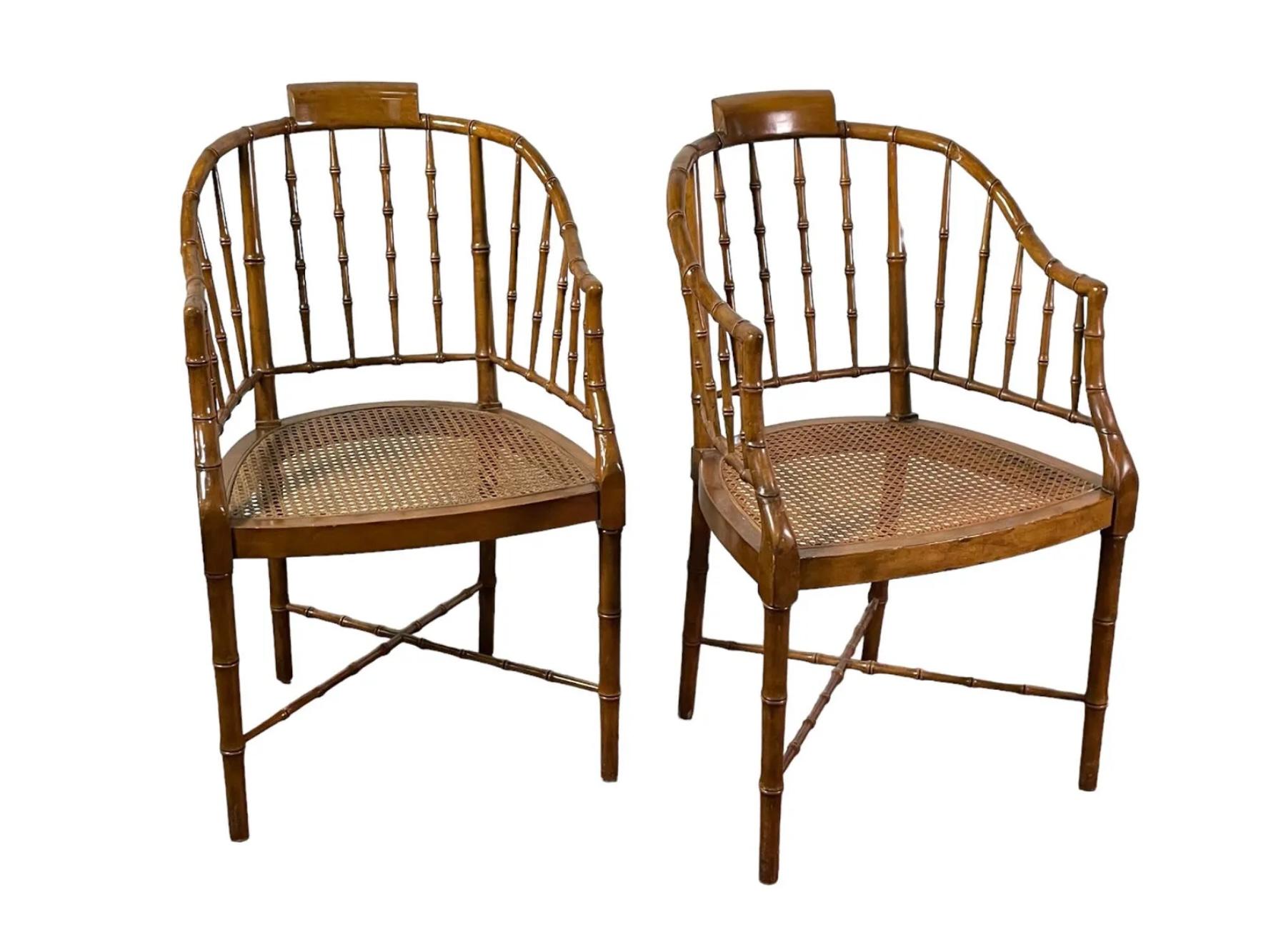 Pair of Windsor Style Faux Bamboo & Rattan Chairs In Good Condition In Bradenton, FL