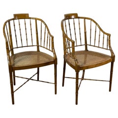 Vintage Pair of Windsor Style Faux Bamboo & Rattan Chairs