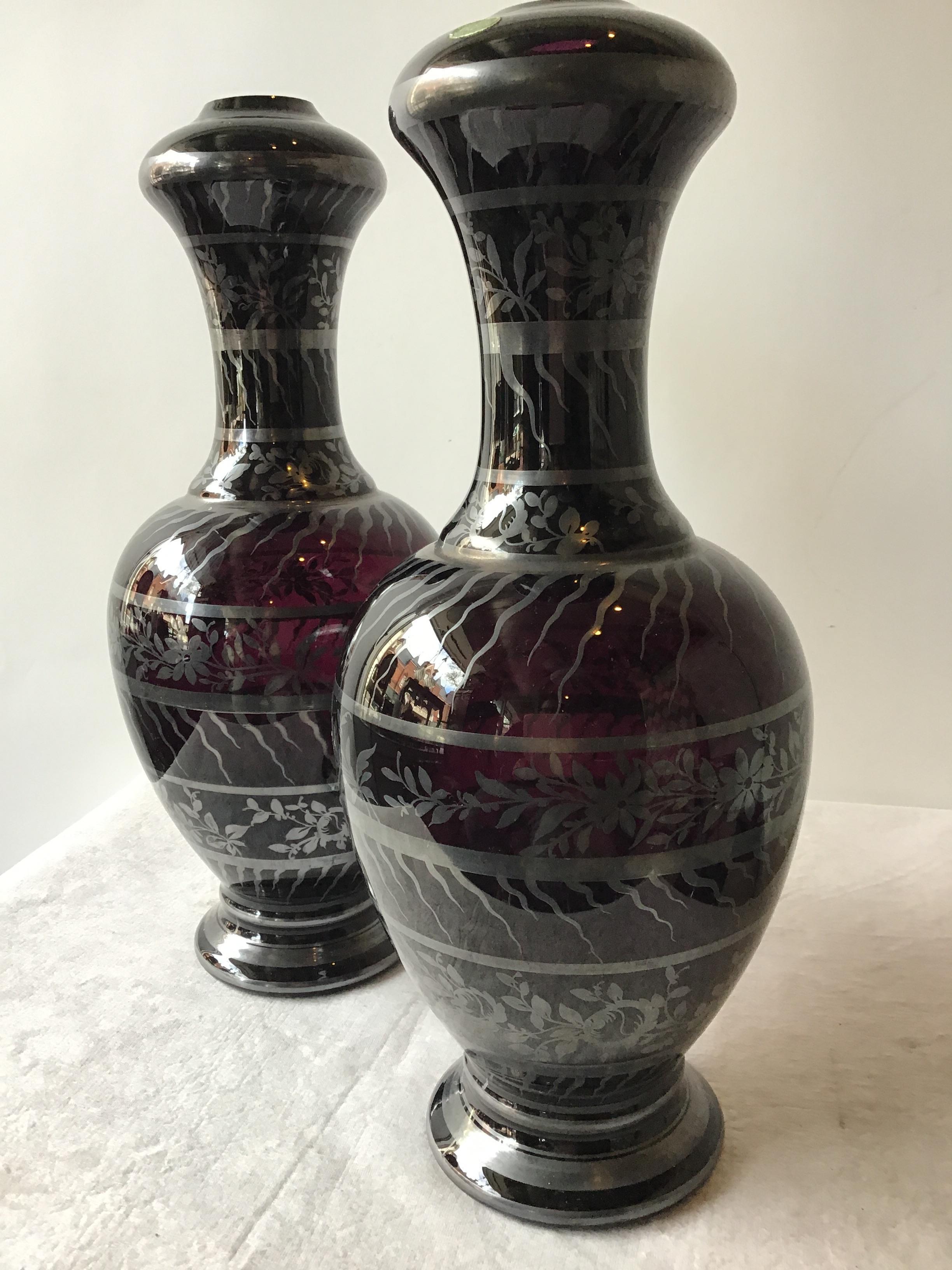 Pair of wine colored silver overlay 1960s Murano lamp bodies by Balboa.
These lamp bodies need all parts in order to be turned into working lights.