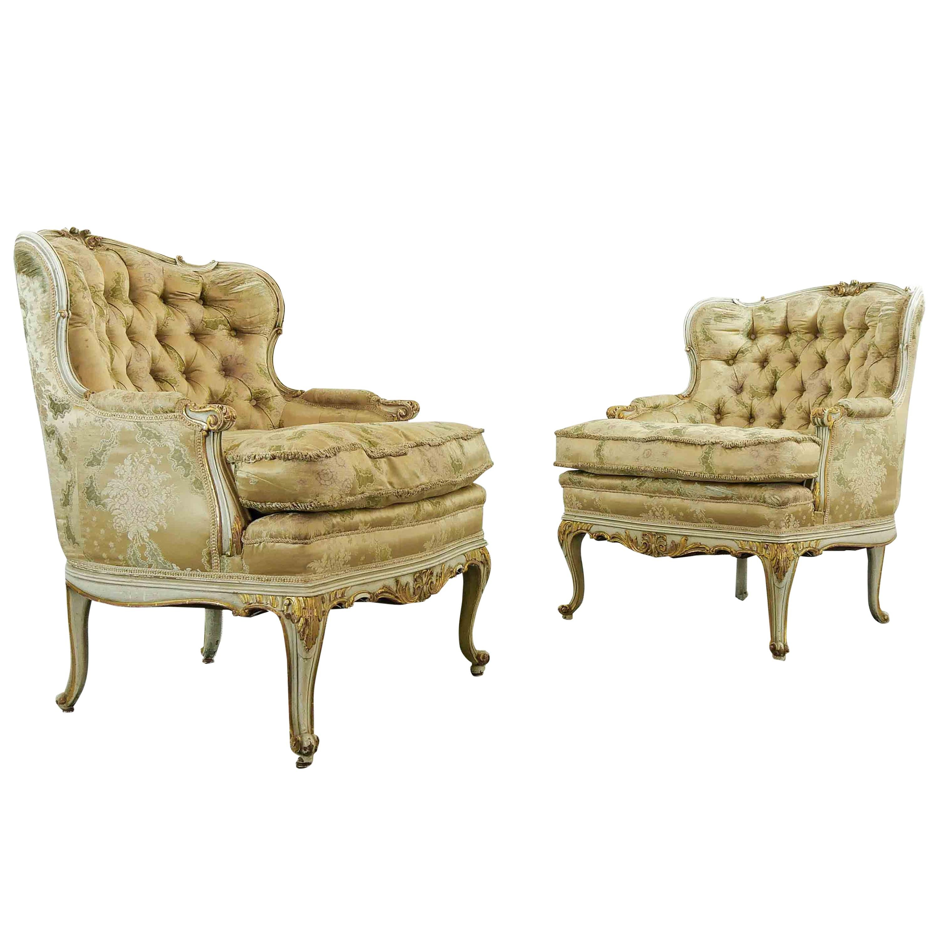Pair of Wingback Armchairs Finely Carved in Baroque-Chippendale Style