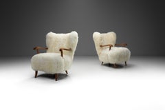 Pair of Wingback Armchairs in Sheepskin, Europe 20th Century