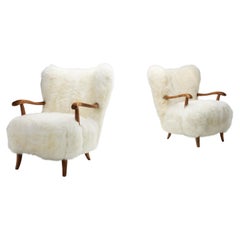 Pair of Wingback Armchairs in Sheepskin, Europe 20th Century