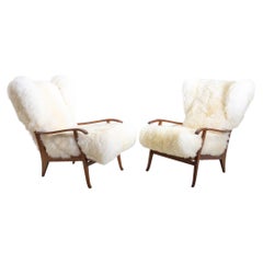 Pair of Wingback Armchairs with Sheepskin Cover, Italy, 1940s