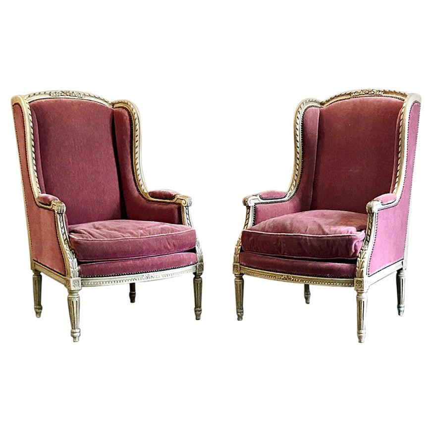 Pair of Wingback Bergères, Antique French Louis XVI Painted