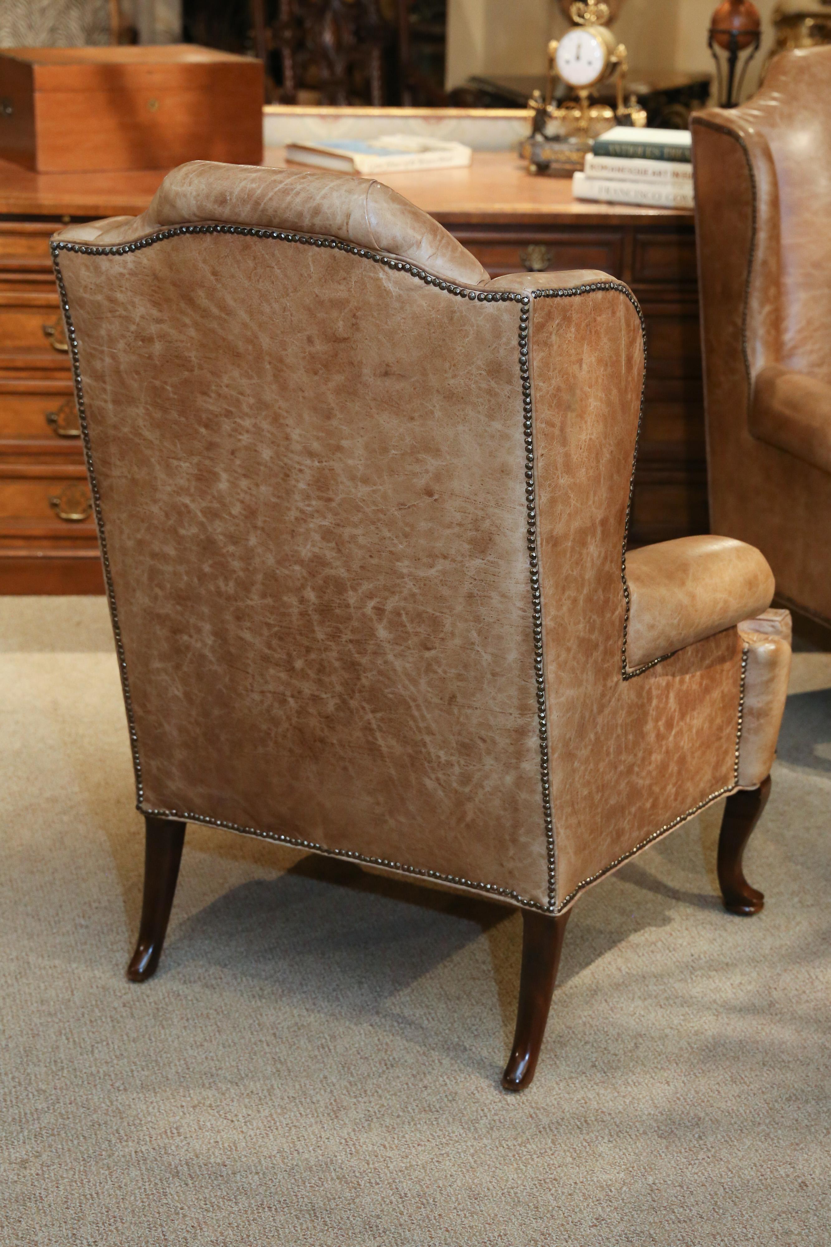 Leather Pair of Wingback Chairs, George II Style and Mahogany