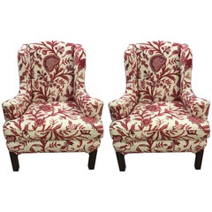 Pair of Wingback Chairs in Brunschwig & Fil Crewel Upholstery